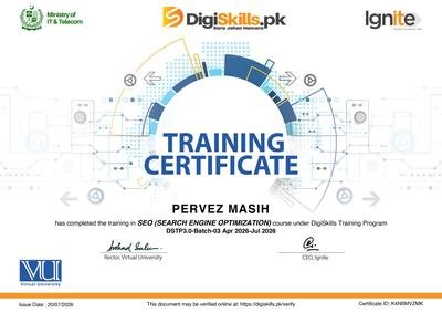 DigiSkills.pk certificate in Search Engine Optimization